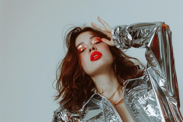 Stylish young model with red lips in foil jacket poses