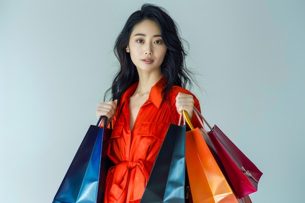 Стильная молодая женщина в модном наряде, держащая многоцветные сумки для покупок на сером фоне