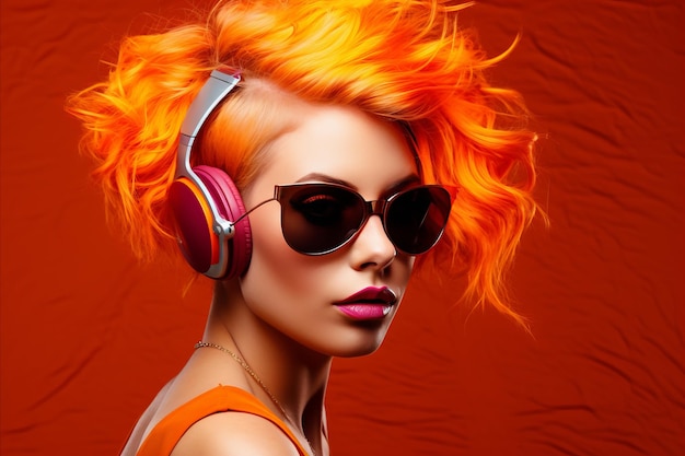 Stylish young woman in hitech glasses with headphones posing against a vibrant solid background