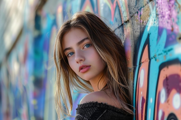 Stylish Young Woman Leaning Against GraffitiCovered Wall