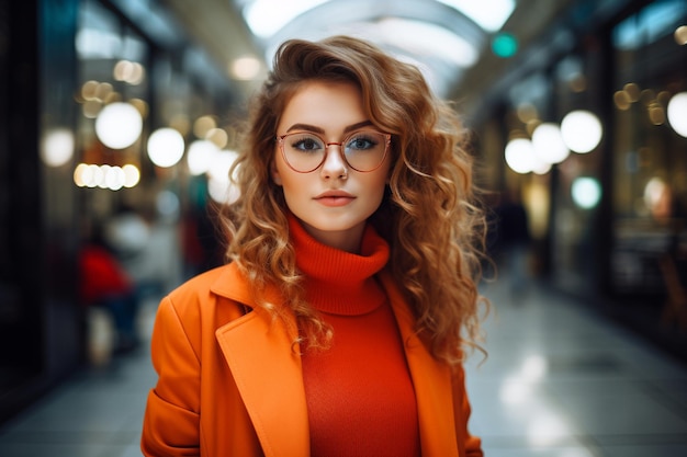 오렌지색 코트와 안경을 입은 세련된 젊은 여성