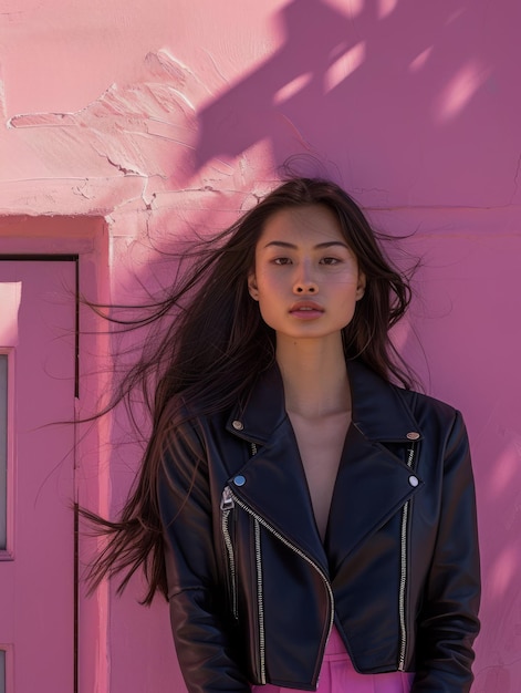 Stylish Young Woman Posing in Leather Jacket Against Pink Background with a Shadow Pattern