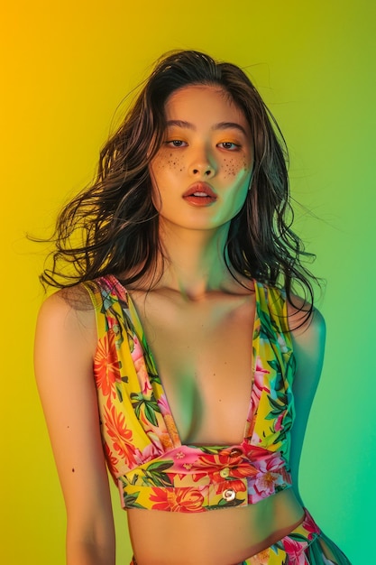 Stylish Young Woman Posing in Vibrant Floral Top with Colorful Studio Lighting