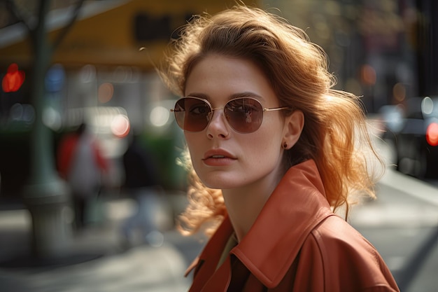 Stylish young woman in sunglasses and orange coat walking in the city at sunny day Generative AI