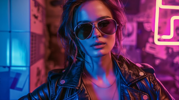 Stylish Young Woman in Sunglasses Posing Confidently in Vibrant Neon Lit Urban Setting with Cool