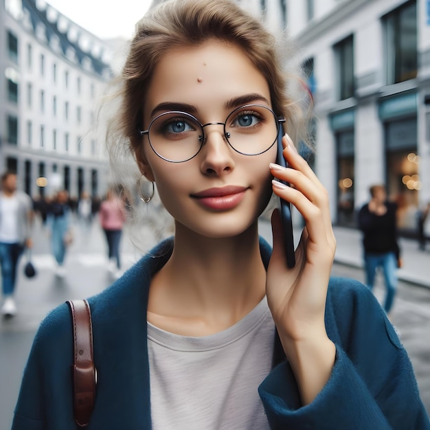 Stylish Young Woman Talking on Phone During Golden Hour on Busy City Street