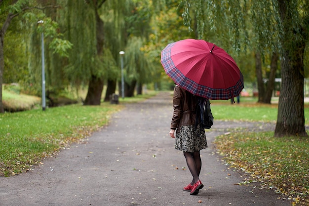 写真 スタイリッシュな若い女性が巨大な赤い傘を持って秋の公園を歩く後ろからの眺め