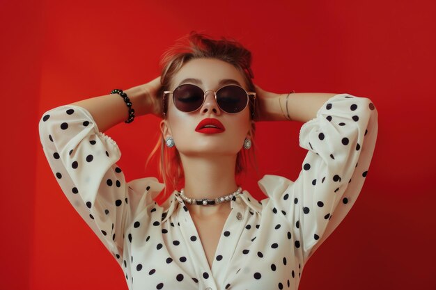 Stylish young woman in white polka dot blouse with sunglasses