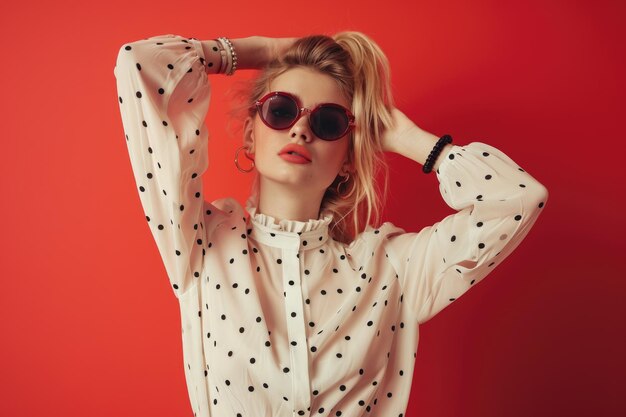 Stylish young woman in white polka dot blouse with sunglasses