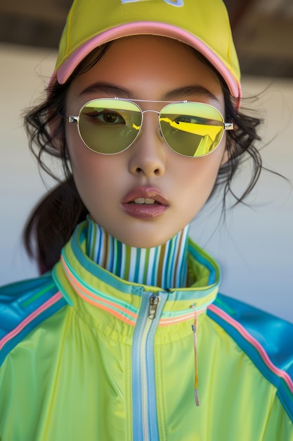 Stylish Young Woman with Colorful Jacket and Reflective Sunglasses Posing Elegantly