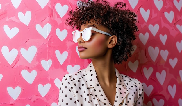 Stylish young woman with curly hair and sunglasses against heart pattern background