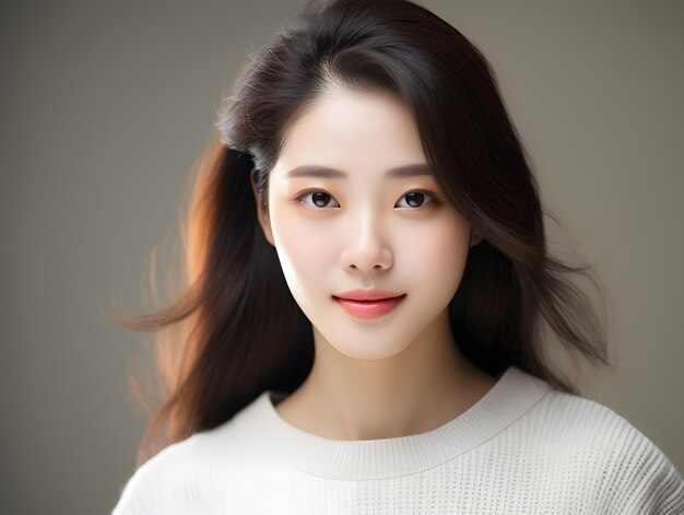 Stylish young woman with flowing hair and white sweater posing for a portrait in natural light Gener