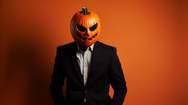 Stylishly dressed man with a glowing Halloween pumpkin instead of a head Party horror fear