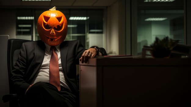 Photo stylishly dressed man with a glowing halloween pumpkin instead of a head party horror fear