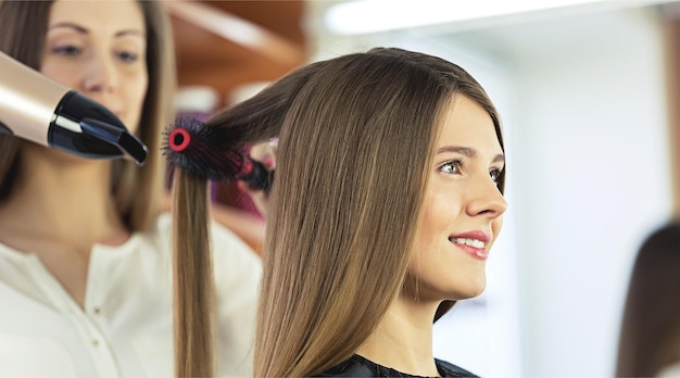 Stylist blow drying hair of a client at the beauty salon