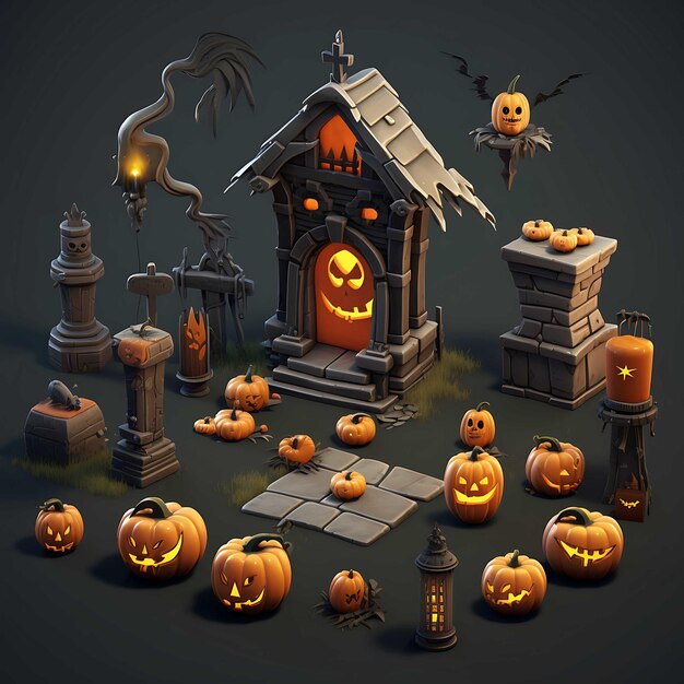 Photo stylized 3d collection of halloween game assets