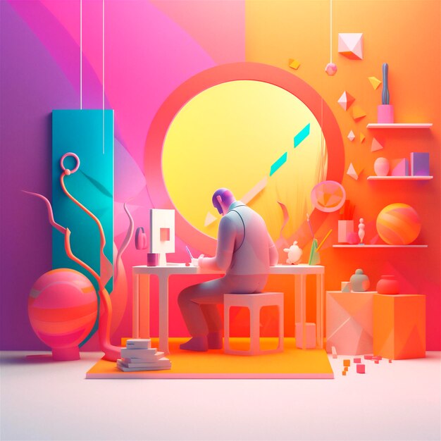 Stylized 3D illustration of designer39s workspace with computer in home office AI generated