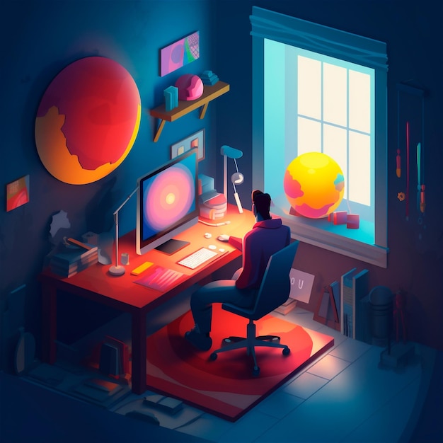 Stylized 3D illustration of designer39s workspace with computer in home office AI generated