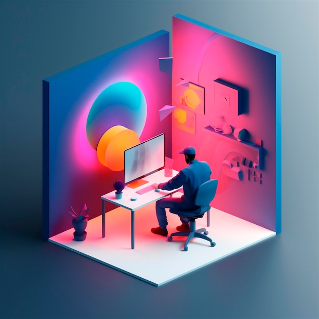Stylized 3D illustration of designer39s workspace with computer in home office AI generated