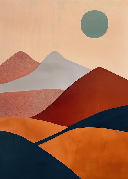 Stylized abstract mountains wall art printable with warm sunset tones