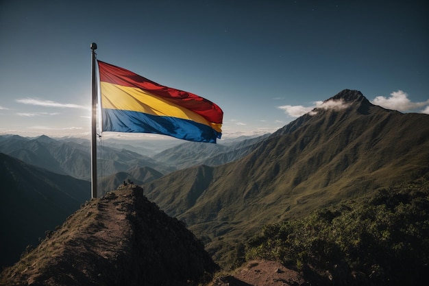 A stylized abstract rendering of the Colombian flag with bold colors and shapes