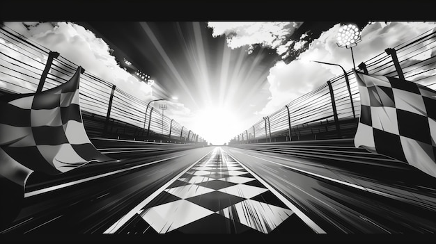 Photo stylized black and white race track with checkered flags and speed lines