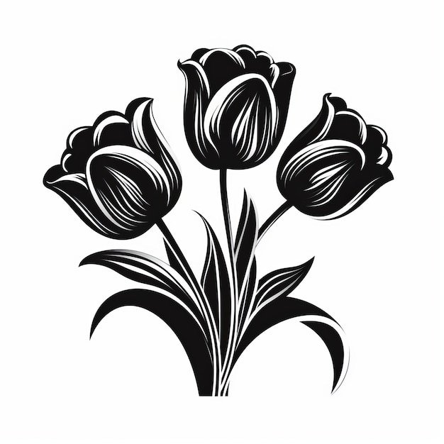 Stylized Black And White Tulip Illustration Iconic Silhouette Vector