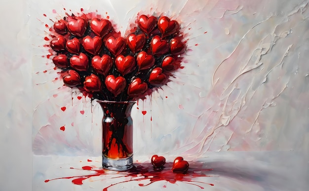 오일로 칠한 테이블 위의 꽃병에 은 심장의 스타일링 된 꽃받침 행복한 발렌타인 데이