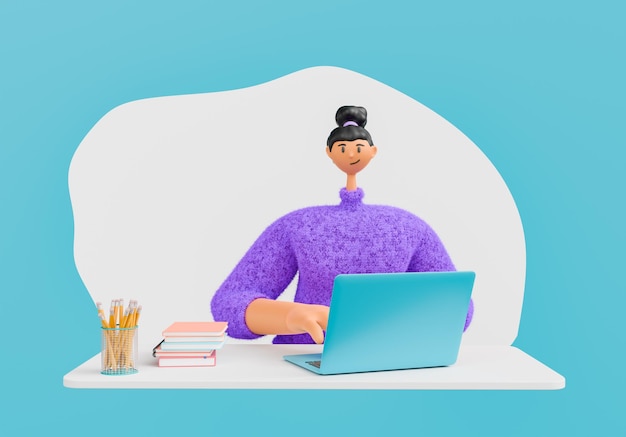 Photo stylized cartoon woman working on laptop at modern desk