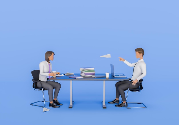 Stylized Character Man Throwing Paper Plane to Woman at Office Desk on Blue Background