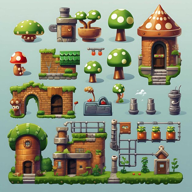 Stylized collection of platform game assets