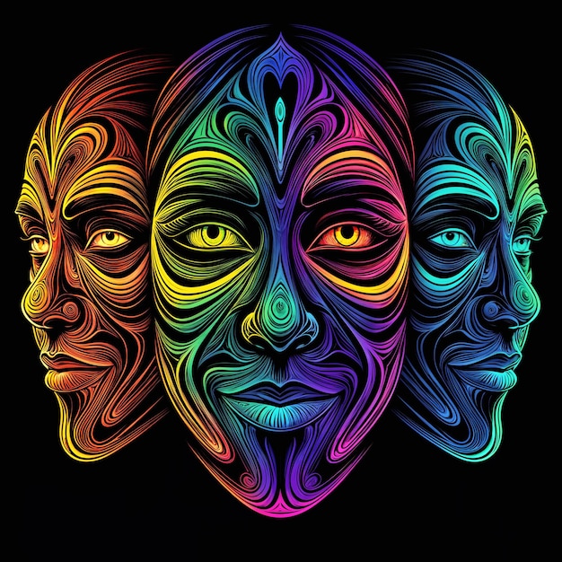 A stylized colorful representation of three faces with swirling patterns and vibrant colors set against a dark background