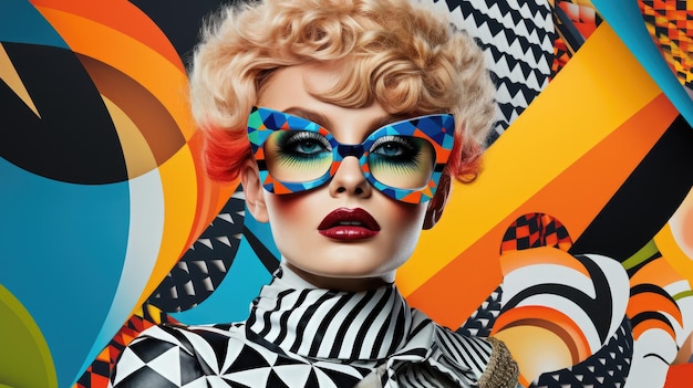 A stylized composition of a woman in '80s attire against a backdrop of dynamic eyecatching pattern