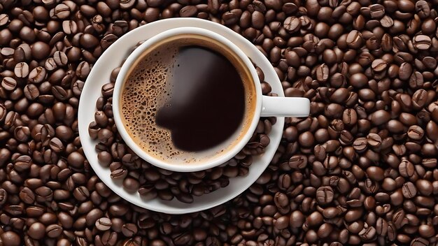 Стилизованная чашка кофе из кофейных зерен лежит плоско