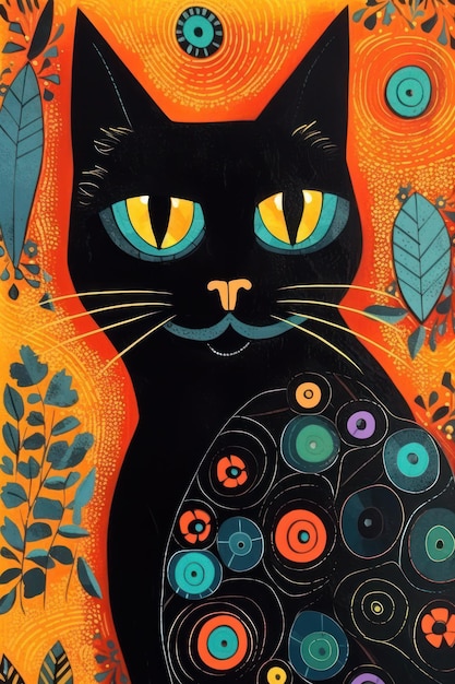 Photo stylized cute black cat vibrant colors kitsch mid century modern art abstract background