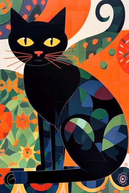 Photo stylized cute black cat vibrant colors kitsch mid century modern art abstract background