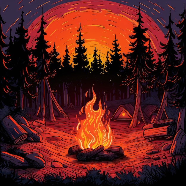 a stylized depiction of a bonfire against a twilight backdrop