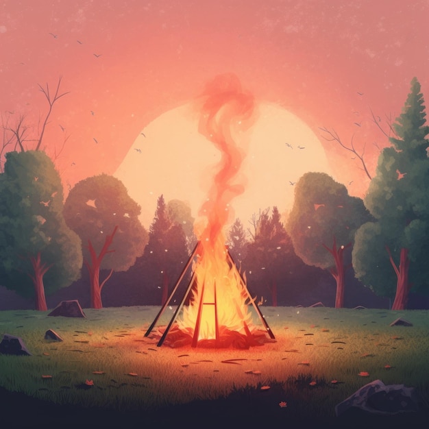 a stylized depiction of a bonfire against a twilight backdrop