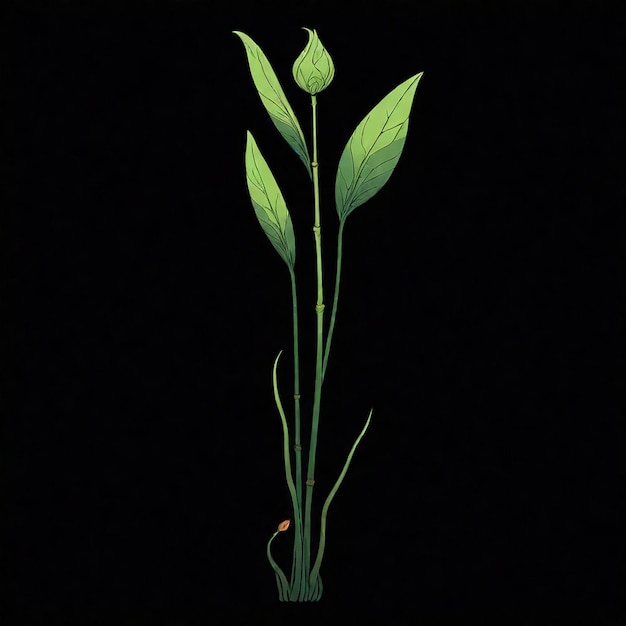 Photo a stylized depiction of a green plant with one bud and several leaves on a black background