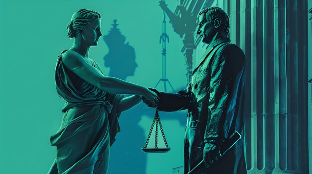 Фото Стилизованное изображение юридического соглашения, рукопожатие между классическими статуями, концептуальные произведения искусства в сине-зеленом оттенке, цифровая иллюстрация тематики правосудия и права.