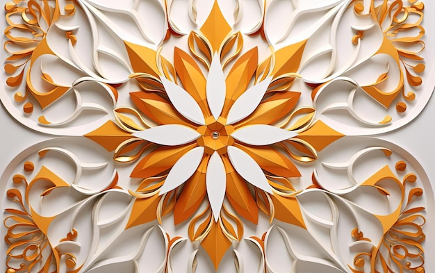 A stylized design in gold and orange an artistic cutout pattern