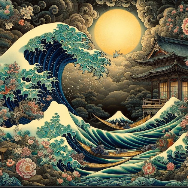 stylized draw tsunami on sea waves and cherry blossoms evoking ancient japanese art AI generated