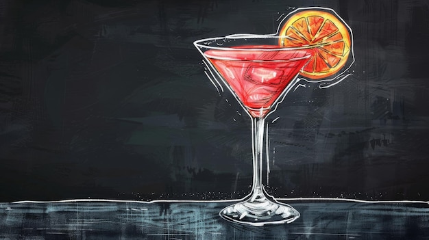 Photo stylized drawing of a cocktail cosmopolitan on a blackboard in vintage style