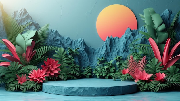 Stylized Event Stage with Mountainous Paper Art