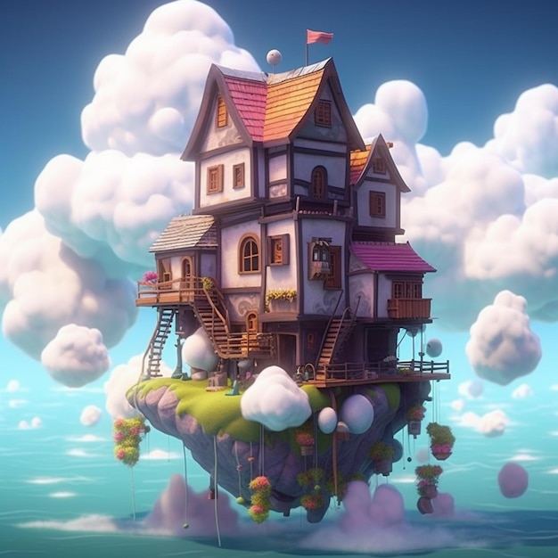 Photo stylized flying house