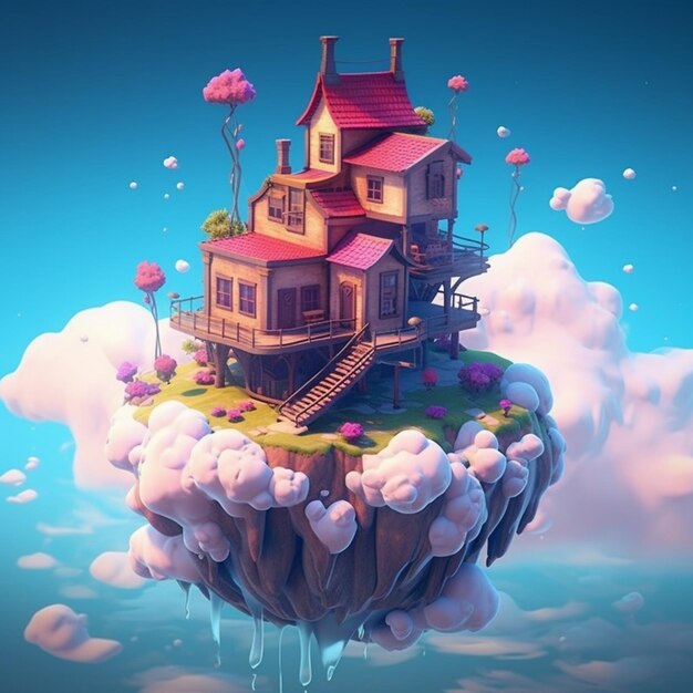 Photo stylized flying house