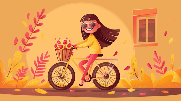 秋の風景で花のバスケットを持った自転車に乗ったスタイリッシュな女の子