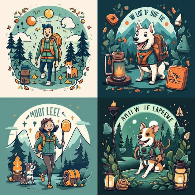 Photo stylized graphic of a camping or hiking theme featuring a cheerful character in outdoor