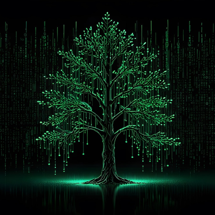 Photo a stylized green tree with data streams flowing from its branches represents technology and nature