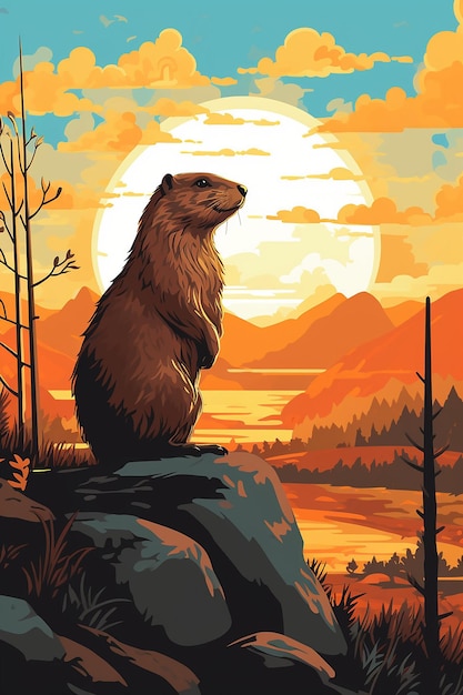 a stylized Groundhog Day landscape showing the moment of sunrise with a silhouette of a groundhog